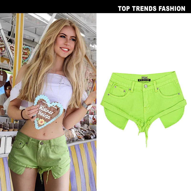 Sexy Casual Summer Green Long Pockets Jeans Shorts Women Fashion Low Waist Tassel Ripped Denim Shorts New Solid Color Hot Short (12)
