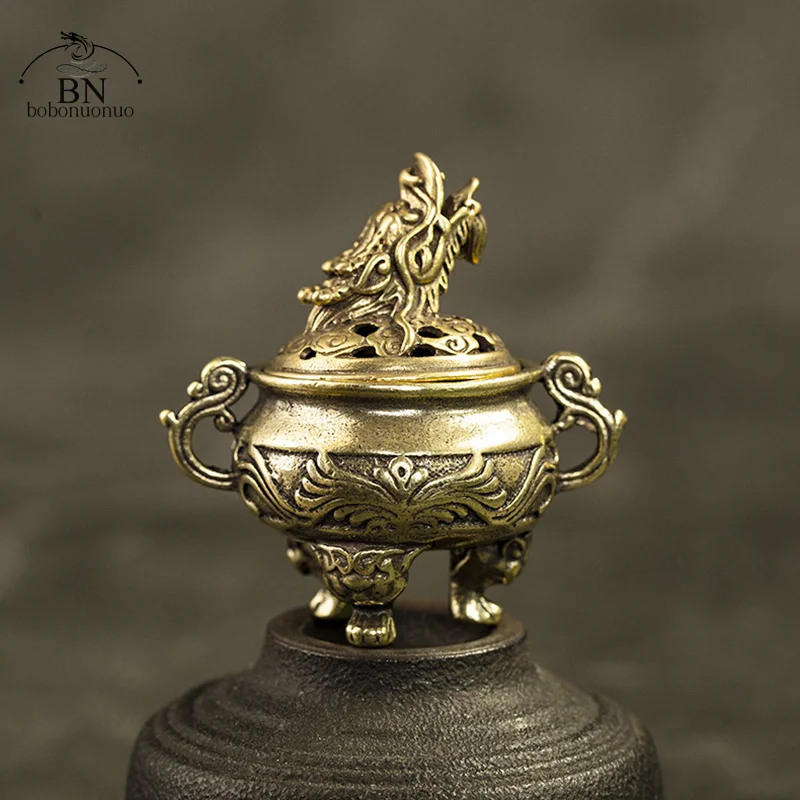 Antique Copper Tripod Incense Burner with Dragon Head Cover Brass Caldron Censer Chinese Pattern Holder Home Desk Decor | Дом и сад