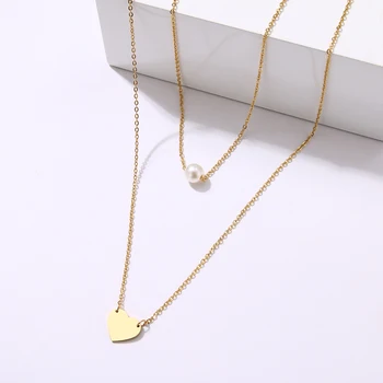 

CACANA Fashion Pearl Love Double Layer Necklace Accessories Women Necklaces Bijoux Valentine's Day Gifts Stainless Steel Jewelry