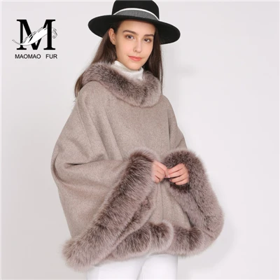 MAOMAOFUR кашемировое пальто натуральный Лисий мех воротник плащ Женская Осенняя мода оверсайз одежда цвета хаки женский шерстяной плащ