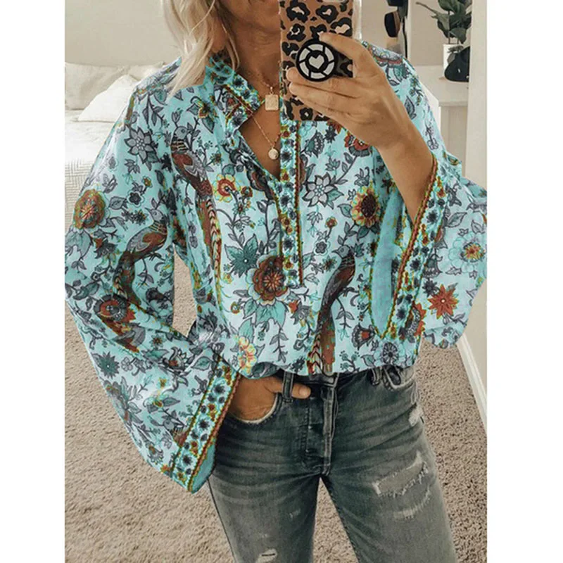 Lipswag 2019 Boho Blouse Peacock Floral Print Long Sleeve Shirt Casual V-neck Women Tops Summer Autumn Chic Blouses Female 2XL Lipswag 2019 Boho Blouse Peacock Floral Print Long Sleeve Shirt Casual V-neck Women Tops Summer Autumn Chic Blouses Female 2XL