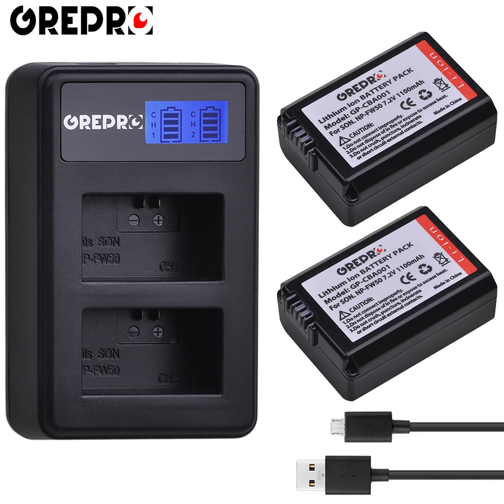 GREPRO NP-FW50 NP FW50 FW50 Батарея+ ЖК-дисплей USB Dual Зарядное устройство для sony A6000 5100 a3000 a35 A55 a7s II alpha 55 alpha 7 A72 A7R NEX-3 - Цвет: 2B with charger