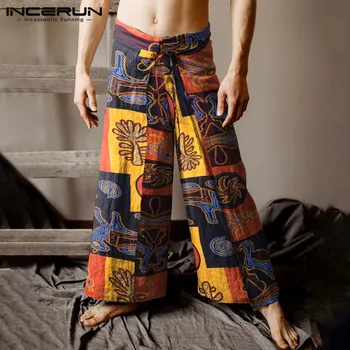 

INCERUN Retro Men Wide Leg Pants Ethnic Printed 2020 Joggers Loose Lace Up Trousers Men Streetwear Casual Fisherman Pants S-5XL