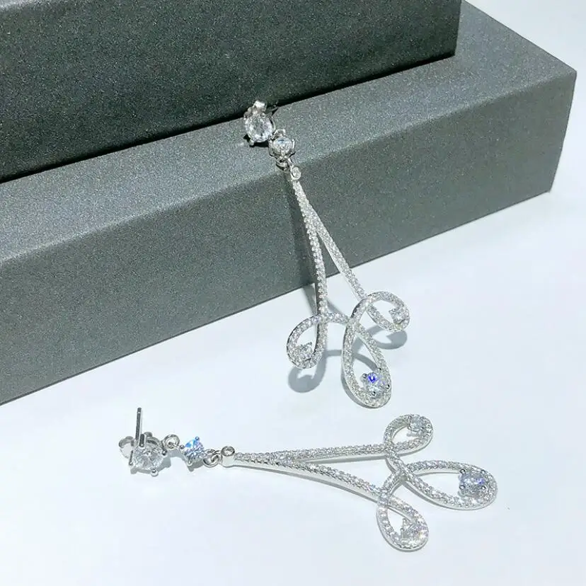 S925 Серебряные длинные серьги цирконовая инкрустация