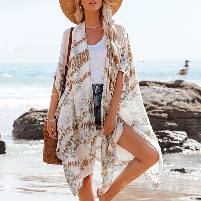 Summer Mid-length Slit Chiffon Beach Sunscreen Blouse Holiday Style 2021 Vintage Floral Print Long Cardigan Tops Women Cover Ups bathing suit skirt cover up