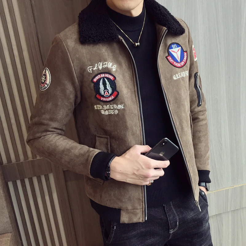 Меховая куртка на молнии с отворотом, мужская куртка из искусственной кожи, Толстая теплая куртка Cuir Homme - Цвет: Coffee