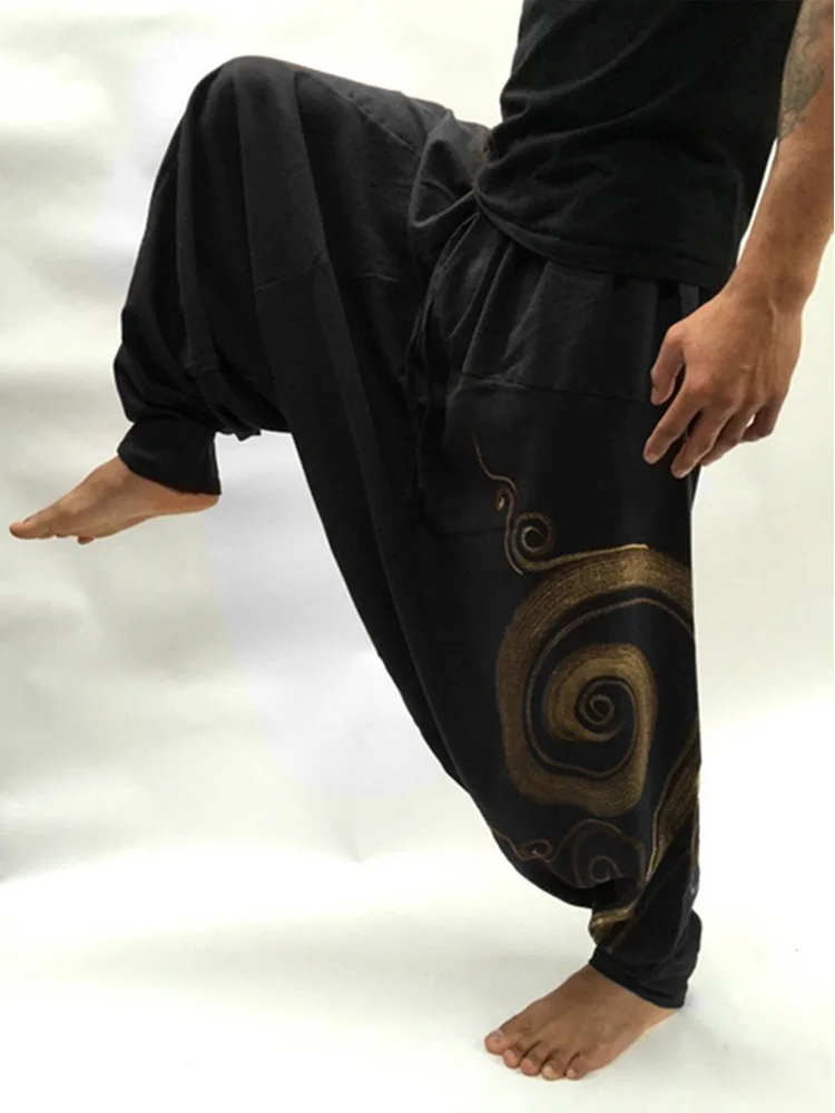 Винтажные мужские штаны-шаровары эластичные повседневные мешковатые штаны-шаровары для йоги хип-хоп мужские цыганские хлопковые льняные широкие свободные штаны с завязками - Цвет: Черный