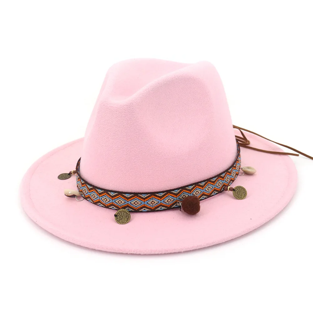 Ретро Женская шерстяная ковбойская шляпа с широкими полями, ковбойская джазовая Кепка для конного спорта, сомбреро с лентой в национальном стиле AD0855 - Цвет: Розовый