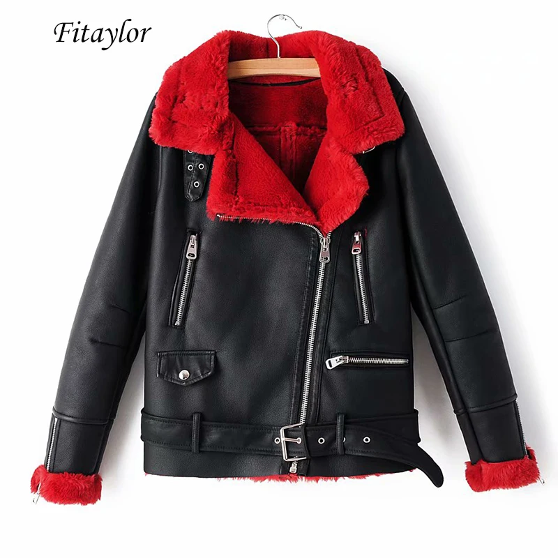 Fitaylor Новая женская куртка из искусственной кожи теплая Толстая овечьей шерсти