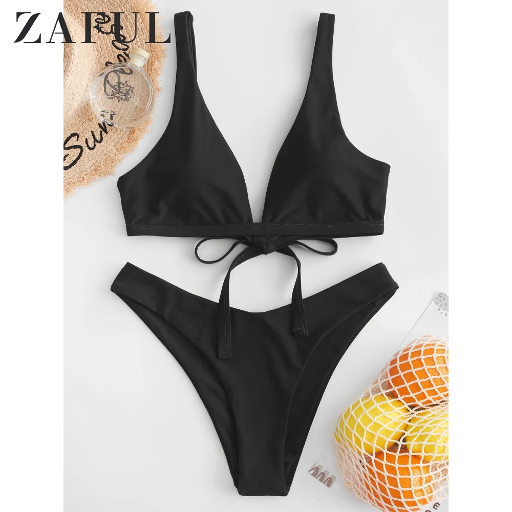 ZAFUL Tie Back Plunging High Leg Bikini Swimsuit Cut Triangle 2020 Summer Solid Padded Two Pieces | Спорт и развлечения