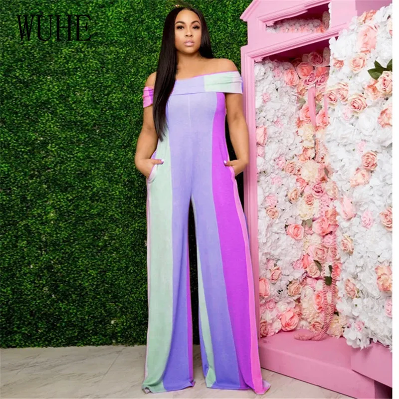 

WUHE Rainbow Striped Print Off Shoulder Sexy Jumpsuit Loose Wide Leg Strapless Romper Casual Beach Women Straight Playsuit