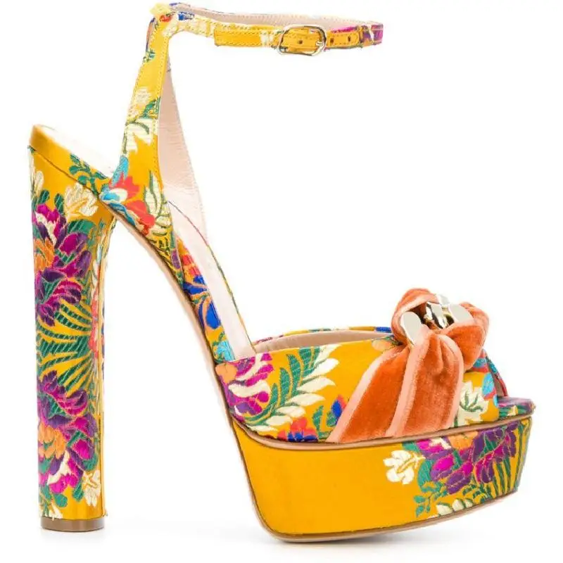 

Ladies Floral Satin Velvet Bowtie Sandals Summer Platform Ankle Strap Catwalk Chunky Super Heels Female Party High Heels