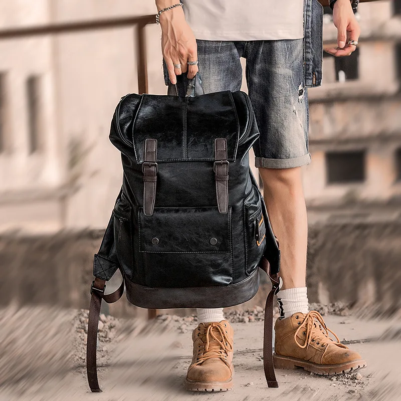 Korean style men's backpack casual school bag fashion waterproof PU leather travel | Багаж и сумки