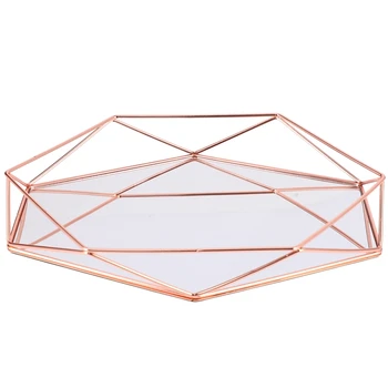 

Nordic Style Glass Copper Geometry Hexagon Storage Basket Boxes Simplicity Style Home Organizer Jewelry Necklace Box(Rose Gold)
