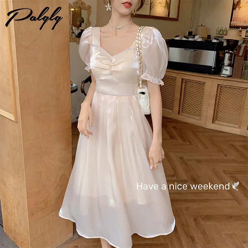 

Women's Summer New Style French Waist Slimming Square Neck Puff Sleeve Evening Cloud Yarn Streamer Dress