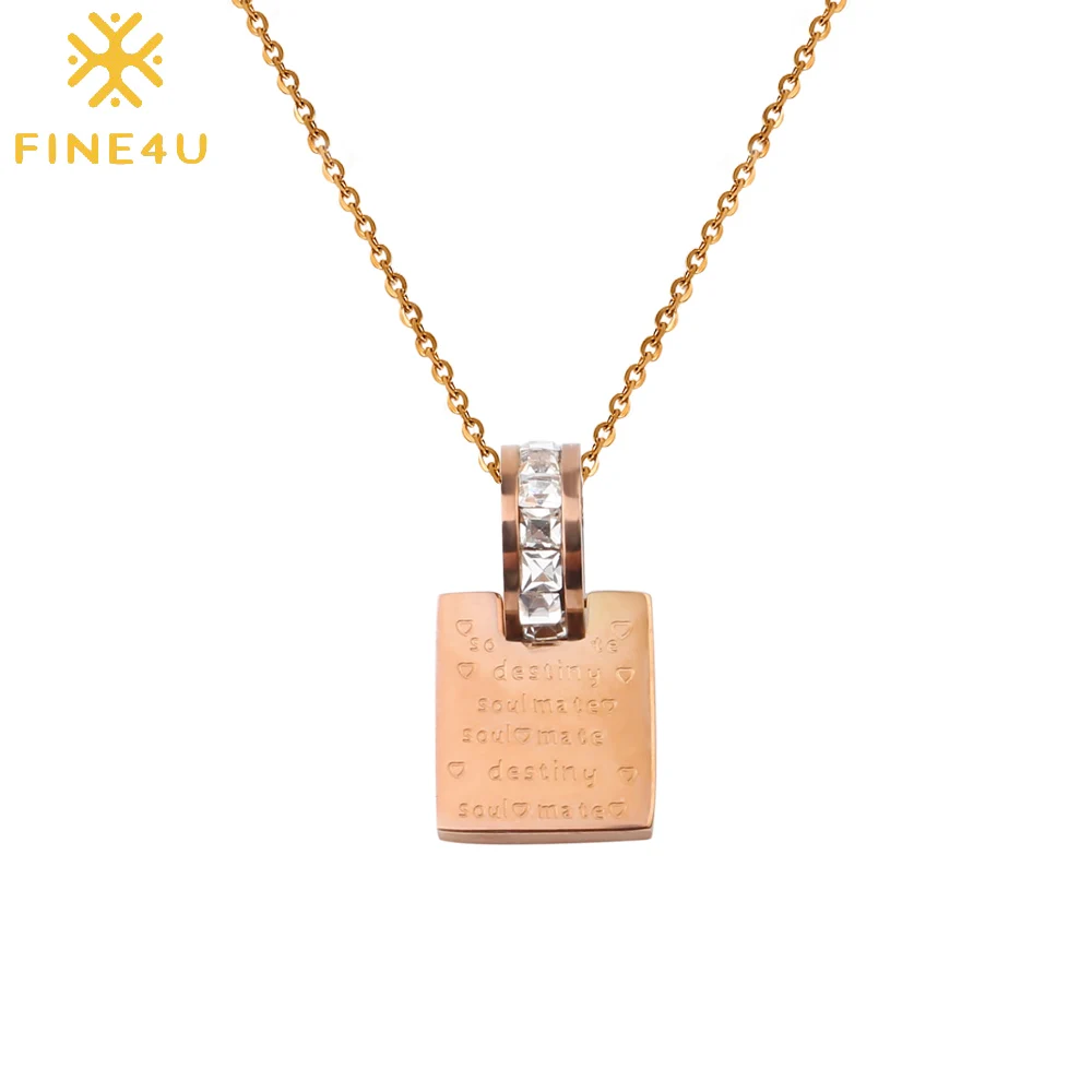 

FINE4U N274 Romantic Square Pendant Necklaces For Women Rose Gold Color Stainless Steel Chain Necklace Luxury Zircons Jewelry