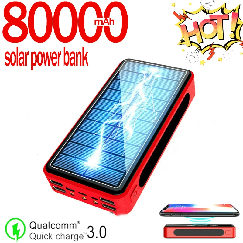 Solar Mobile Power Bank 80000mAh Large Capacity Wireless Mobile Power 4usb Charger External Battery for Xiaomi Sansung Iphone