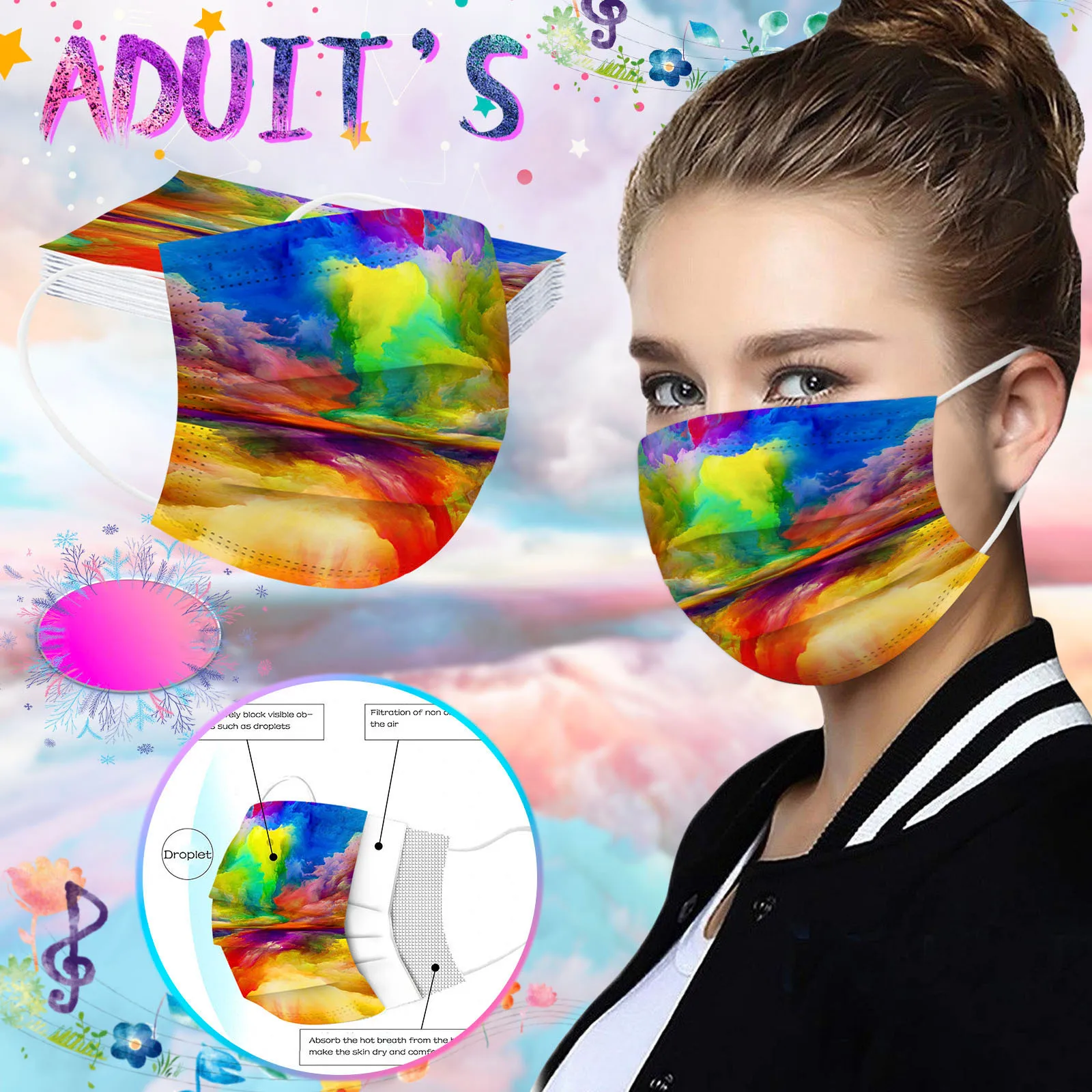 100pc Disposable Adults Mask Gradient Tie dye Print Facemask Colorful