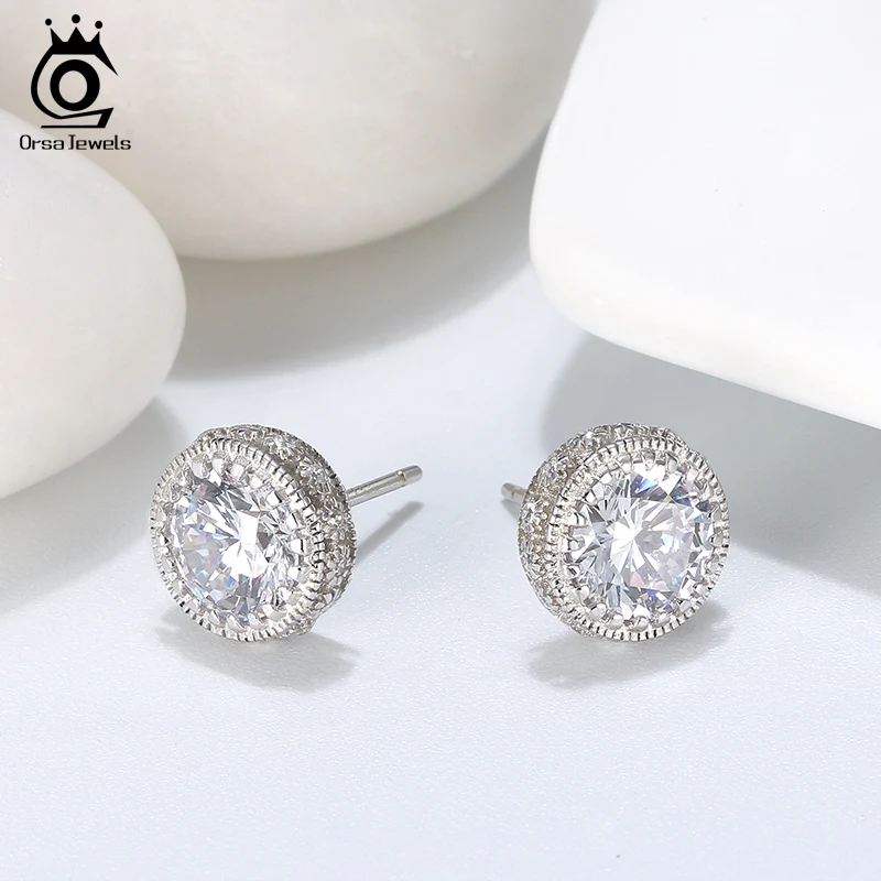 

ORSA JEWELS Luxury Wedding 925 Silver Stud Earrings with Big Clear Crystal Stone AAAA Zircon Jewelry Wedding Party Gift OSE231