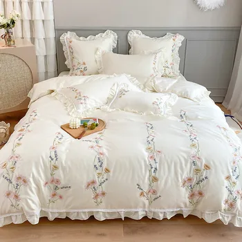 

Partoral 4Pcs Bedding Set Euro Embroidery Flower Duvet Cover 240x220 Nordic Quilts Ned Linen Pillowcase Sheet