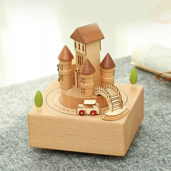 

Retro Wooden Rotating Music Box Christmas Theme Train Castle Dream Rotating Music Boxes Decor Crafts Birthday Gift