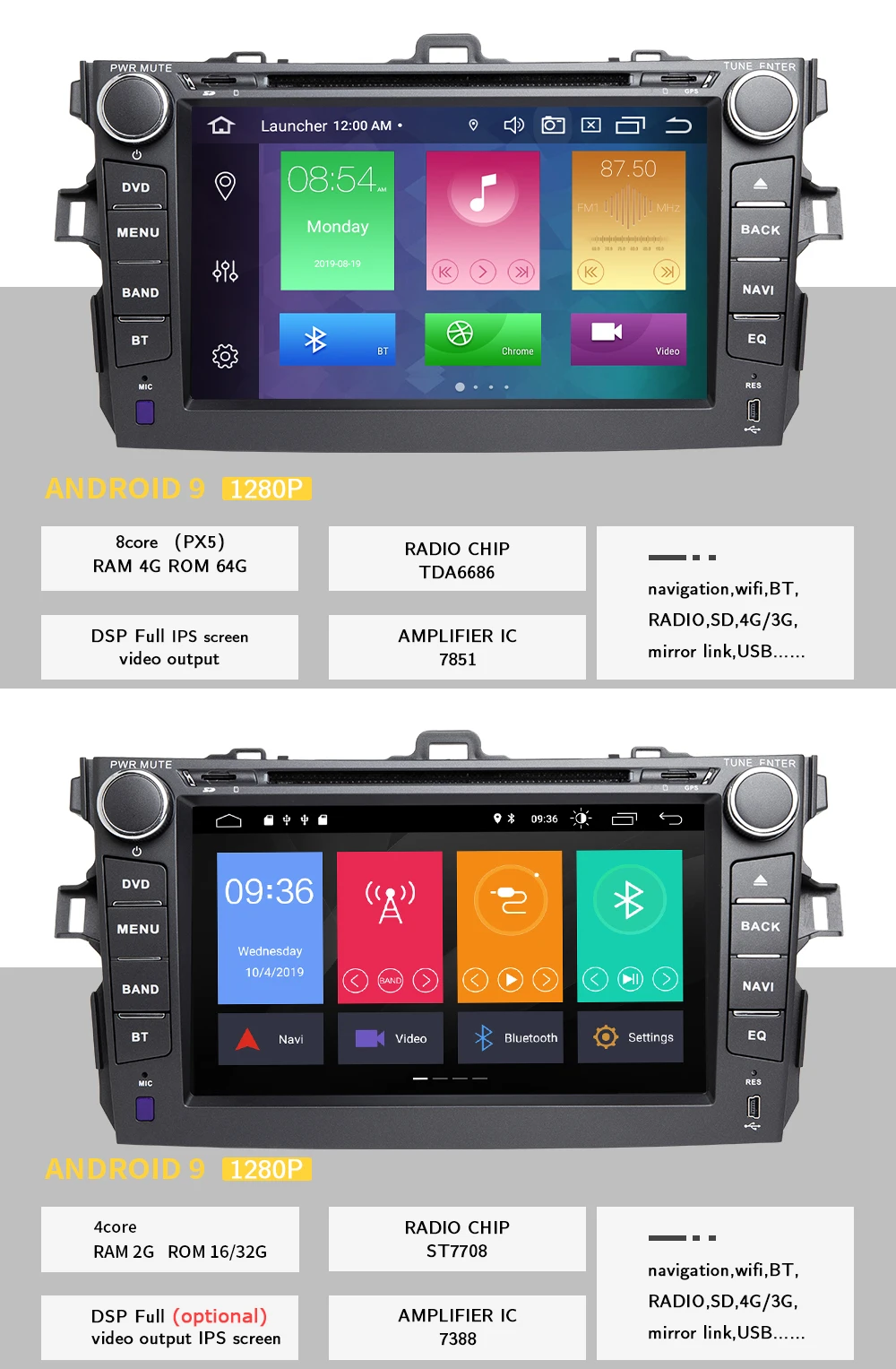 Ips DSP 4GB 2 Din Android 9,0 Автомобильный мультимедийный dvd-плеер для Toyota Corolla 2007 2008 2009 2010 2011 gps-навигация, радио, стерео