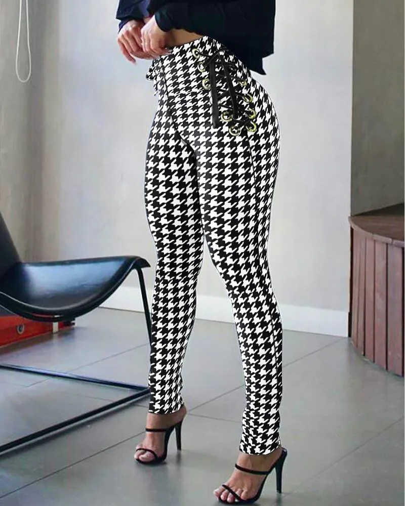 Houndstooth Print High Waist Eyelet Lace-up Skinny Pants