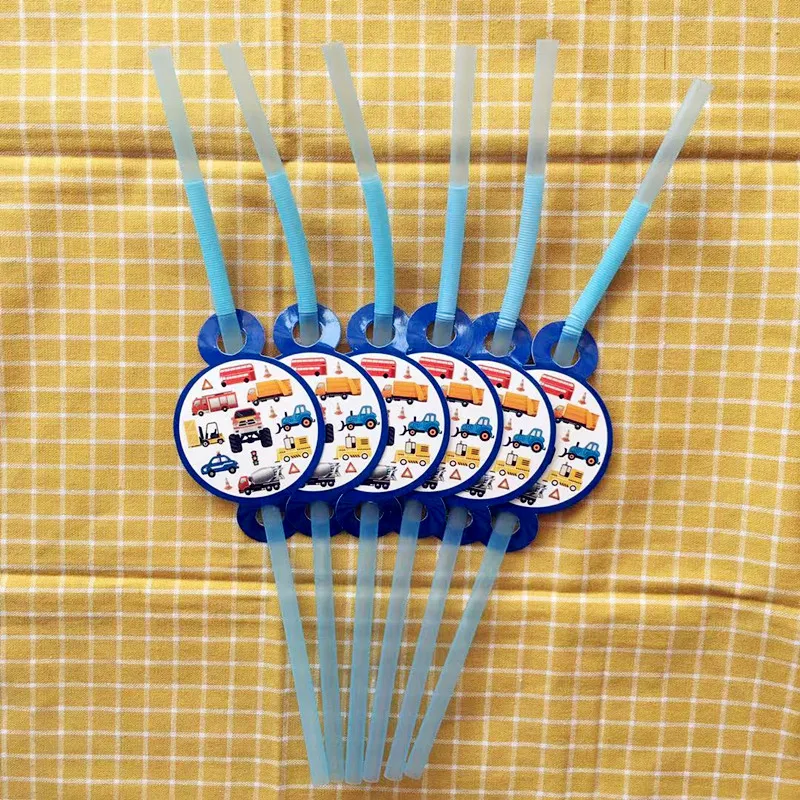 6pcs straws Инженерные транспортные средства мультфильм автомобили Грузовики тематическая вечеринка на день рождения украшения одноразовая посуда Дети душ вечерние принадлежности - Цвет: 6pcs straws