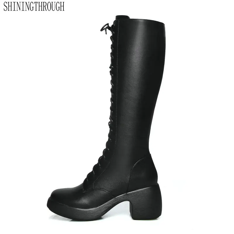 

TXCNMB 2019 Winter Boots Women Knee High Boots Warm Boots New Fashion Real Leather Women Shoes Round Toe Heel Black Ladies