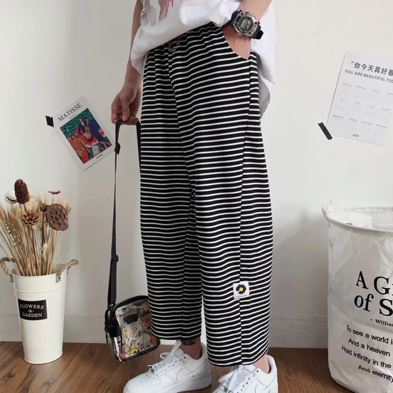 

Men's casual pants 2020 spring and summer new loose stripes nine points straight wide leg pants young fashion men's clothing