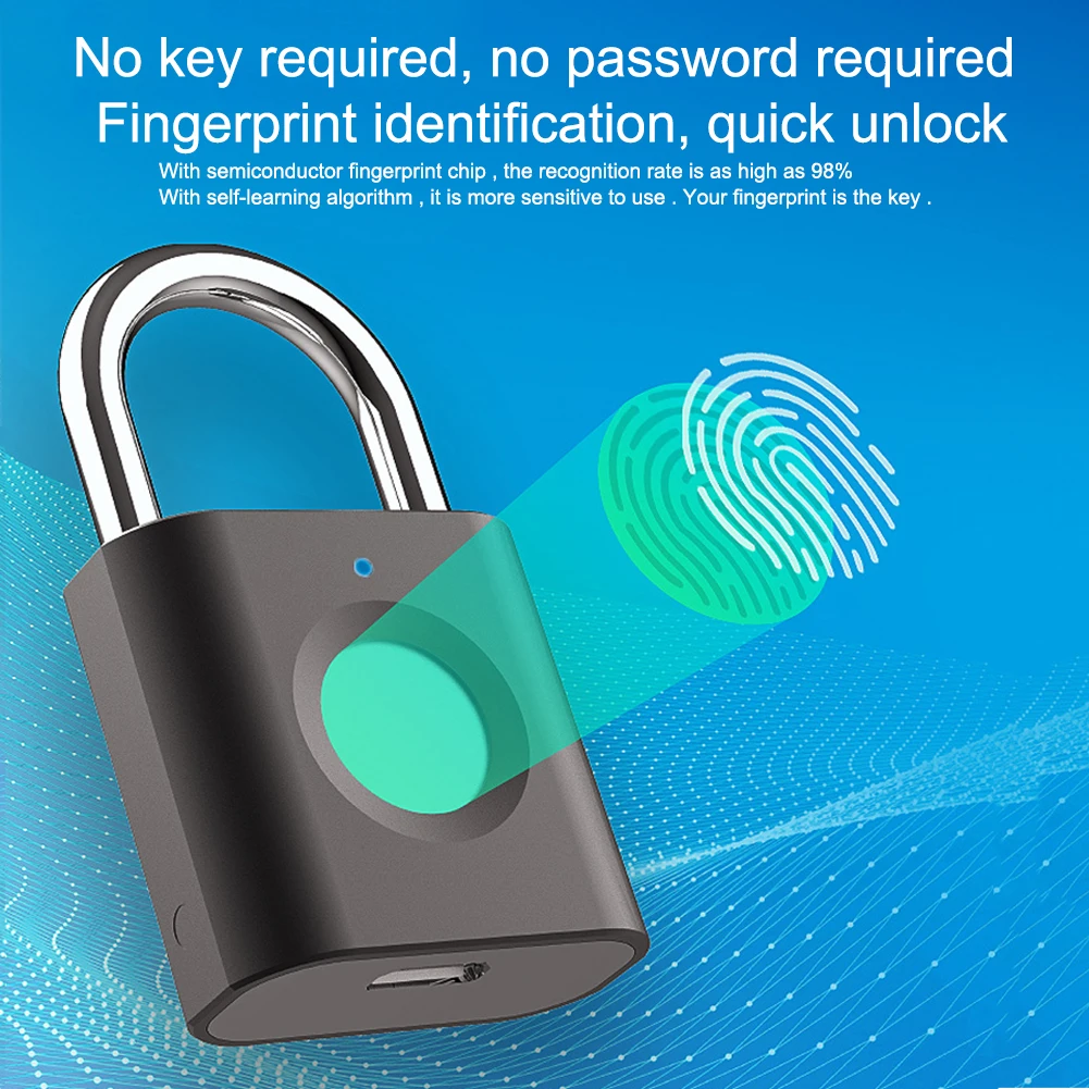 

Keyless USB Rechargeable Door Lock Touch Fingerprint Smart Padlock Quick Unlock Zinc alloy Metal Self Developing Chip Security