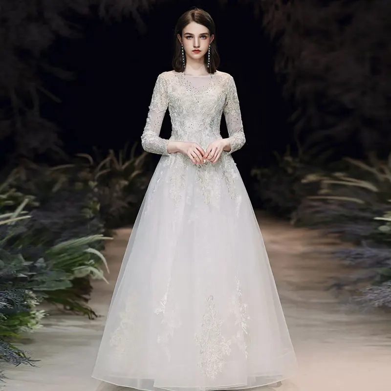 

Легкое свадебное платье AE0098, кружевное платье с длинными рукавами и аппликацией, свадебное платье для невесты, длиной до пола