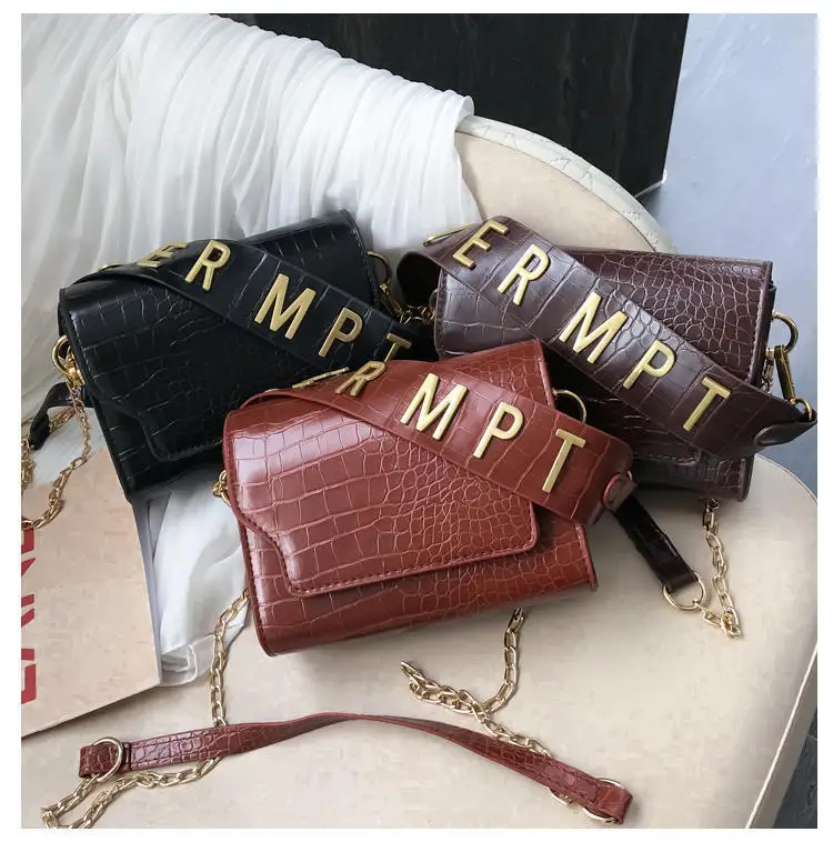 

Bag Women's 2019 New Style Crocodile Pattern Shoulder Bag Korean-style Fashion Shoulder Bag Wide-Strap Lettered Bag with Chain B