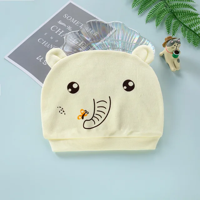 Four Seasons Kids Newborn Baby Hats 100% Cotton Cap 40 Color Cartoon Cute Printed Hat Suitable for 0-12 Months Baby Accessories Elephant yellow