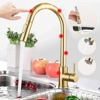 

Brushed Gold Touch Kitchen Faucet Pull Out Sensor Touch Kitchen Faucet Crane Double Water Mode Mixer Faucet Battery Power