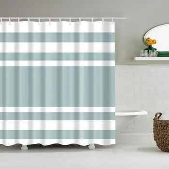 

Waterproof Thicken Green Strips Texture Mildew Proof Bath Tub Shower Curtain with 12 pcs Hooks