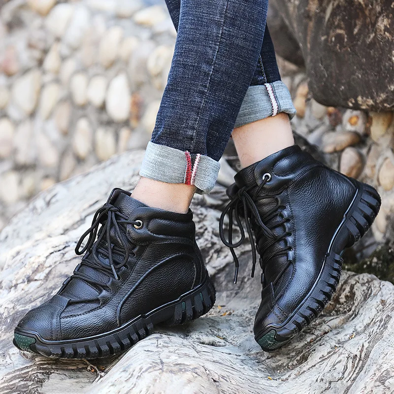 

Short Boots Men Genuine Leather plus Velvet Warm Snow Boots Winter New Style Hight-top MEN'S SHOES Cowhide Martin Boots Men's Bo