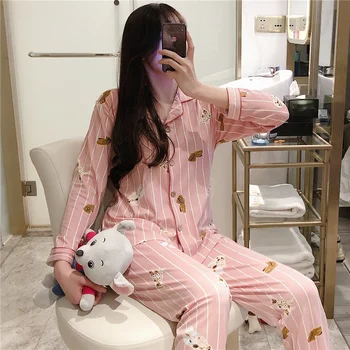 

Cotton 2 Pieces Pajamas Set Women New Printed Colorful Sleepwear Long Sleeve Pajamas Female Sleep Homewear