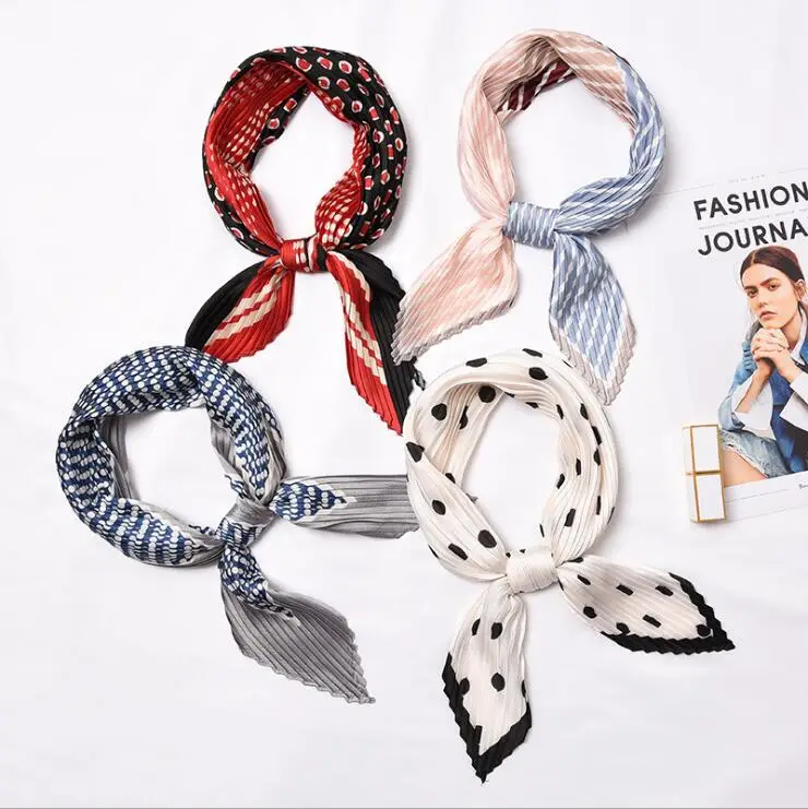 

Retro Small Square Silk Scarf Hair Tie Band Women Pleated Headband Scarves Multicolor Stripe Print Hairband Handkerchief Neck
