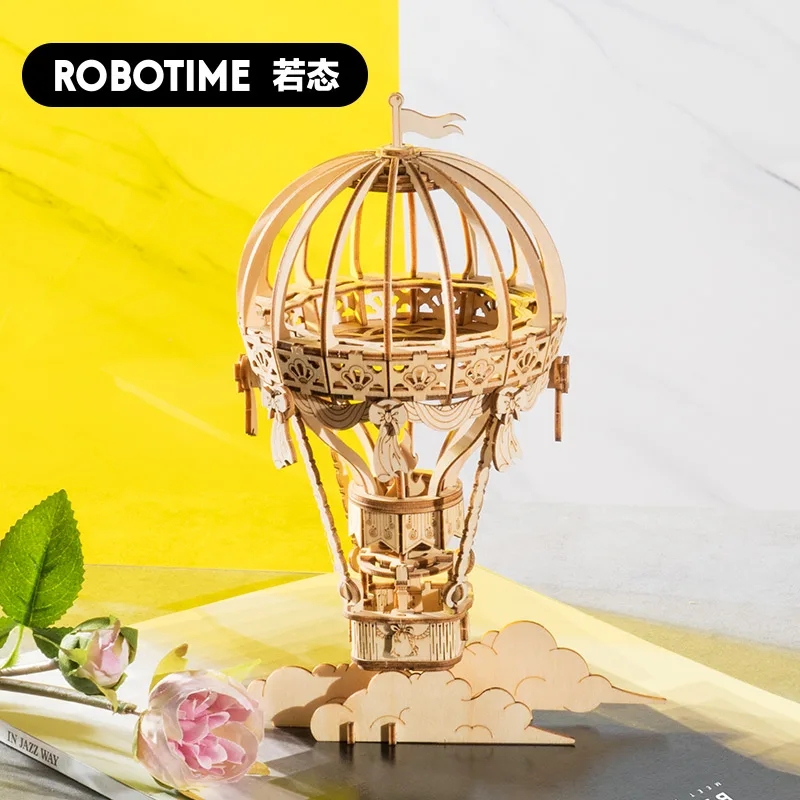 Parrowbebe Float 3D puzzle toys wooden airship balloon gramophone model DIY hand-assembled birthday gift for children toys