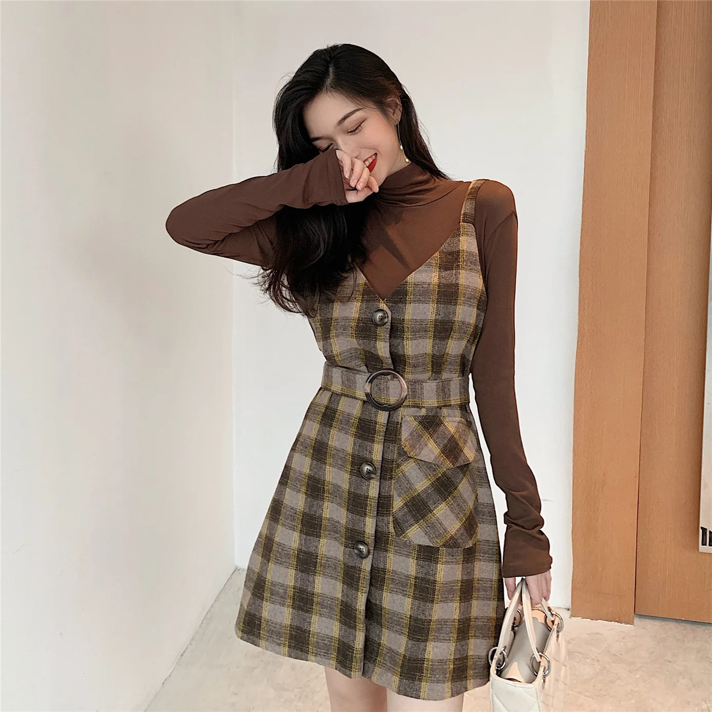 

2019 Autumn And Winter New Style Korean-style Elegant Plaid Single-Breasted V-neck Bandage Cloth Waist Hugging Strapped Dress Sl