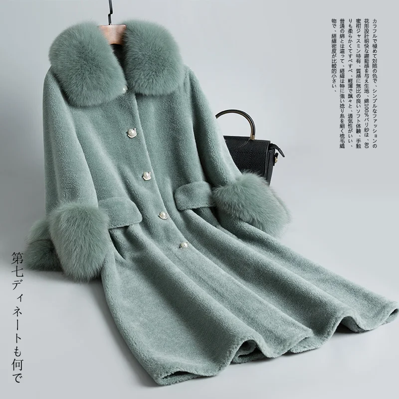 mint green AYUNSUE пальто с натуральным мехом женские шубы из овечьей шерсти зимняя куртка Женский Воротник из лисьего меха шерстяное пальто Chaqueta Mujer MY3919 - Цвет: mint green
