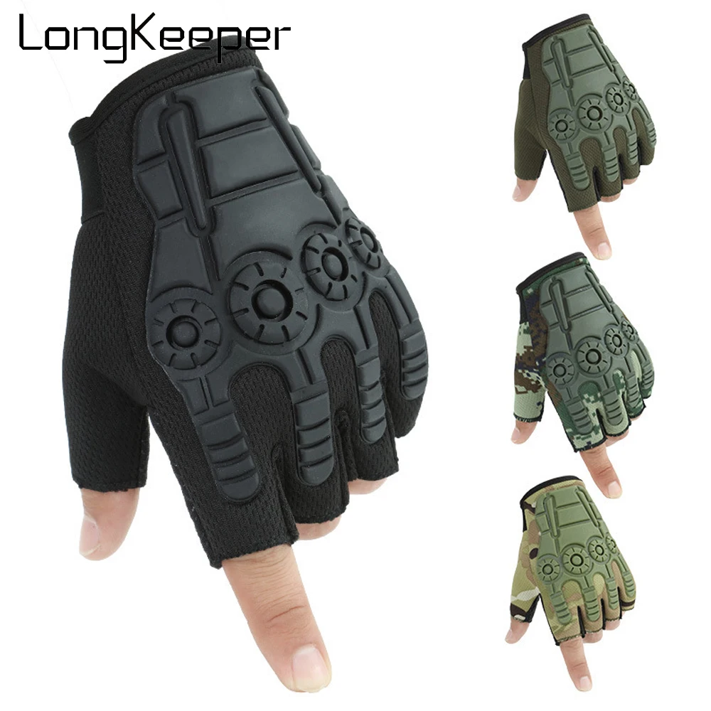 LongKeeper Men Military Camouflage Tactical Gloves Outdoor Sport Cycling Half Finger Glove Male Anti-Slip Fitness Mittens Luvas