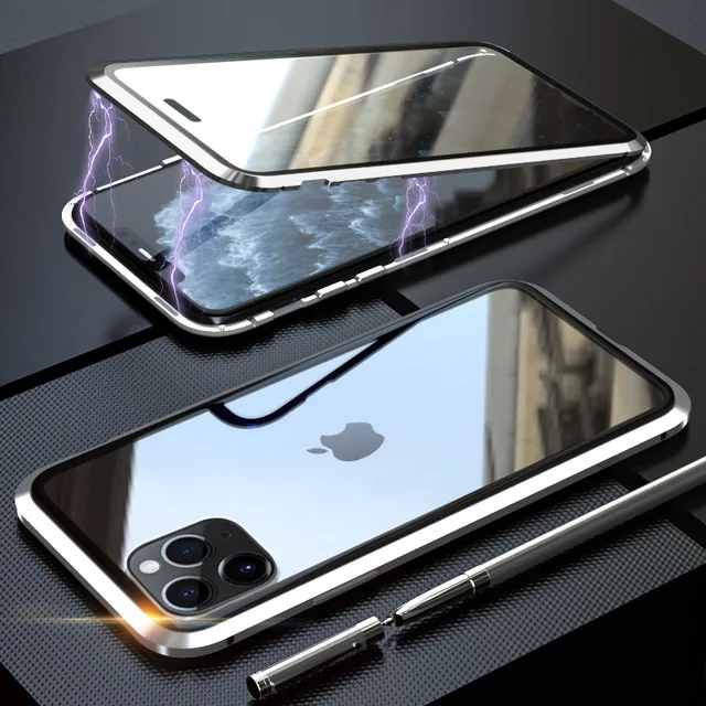 Alxun для Apple iPhone 11 Pro Max чехол 360 градусов двусторонний металлический чехол из закаленного стекла для iPhone 11 Pro Чехол - Цвет: Серебристый