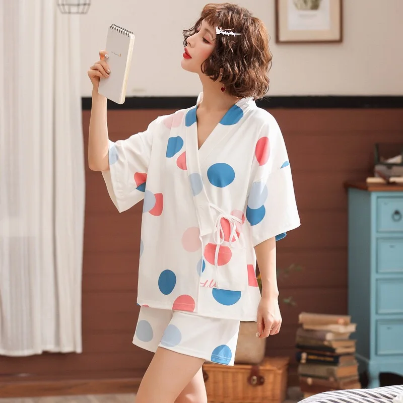 Летние новые женские кимоно пижамы женские удобные пижамы в японском стиле с принтом в виде банановых листьев Повседневная Одежда Домашняя одежда комплект - Цвет: Pink Blue Dot