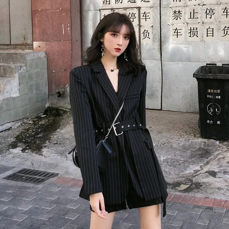 

Autumn Clothing New Style Retro Fashion Stripes Small Suit Elegant Lace-up Waist Hugging Long Sleeve Middle Long Coat Tops Women