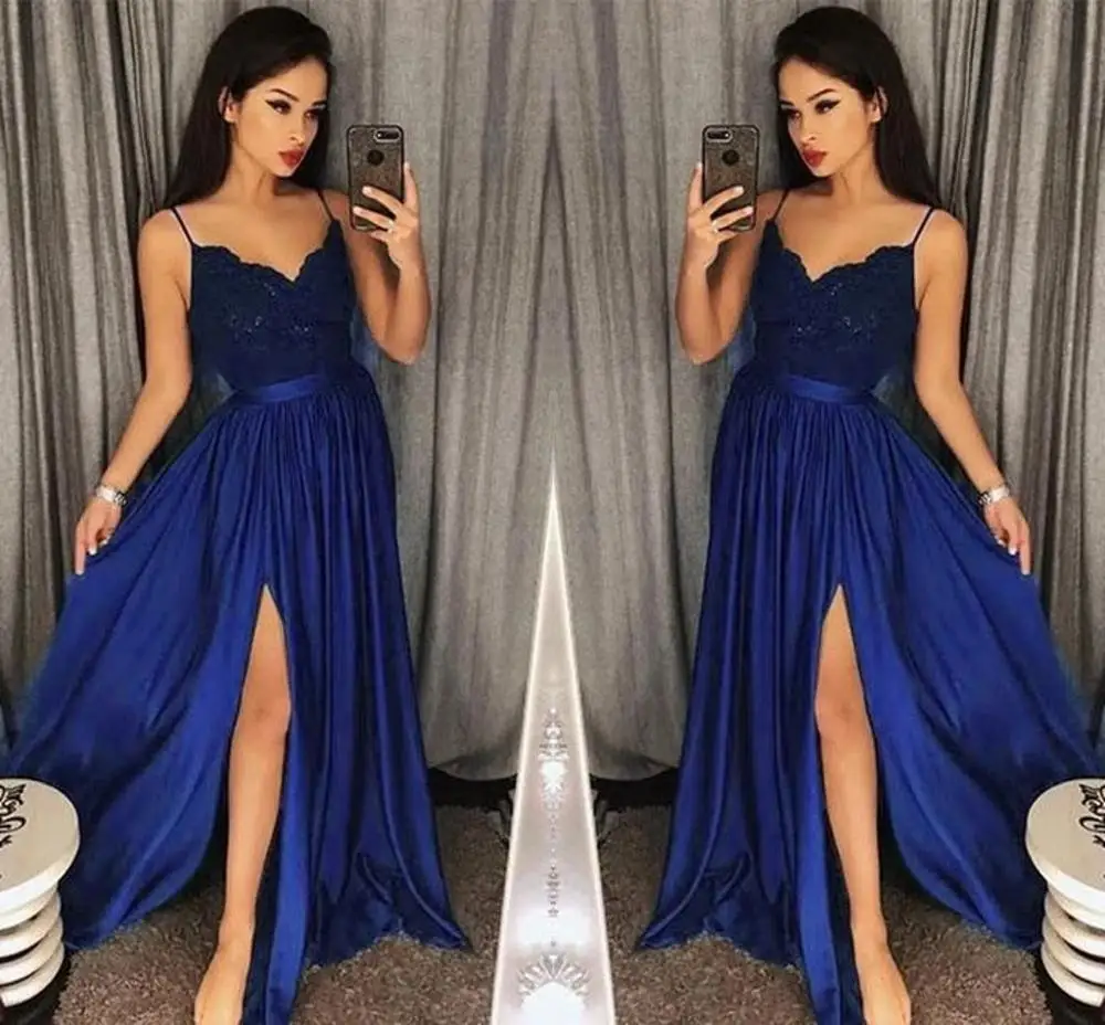 

Royal Bule Prom Dresses Long 2019 Sexy Slit Spaghetti Strap Sashes Prom Gown Tulle Plus Size Dress Party Prom Dresses For Women