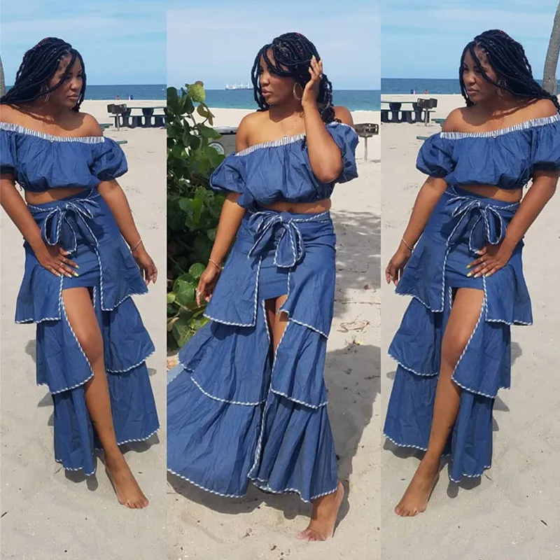 

2019 Layer Ruffles Two Piece Dress Women Off Shoulder Crop Top and Long Skirt Set Sexy Beach Wear 2 Piece Outfits Matching Sets