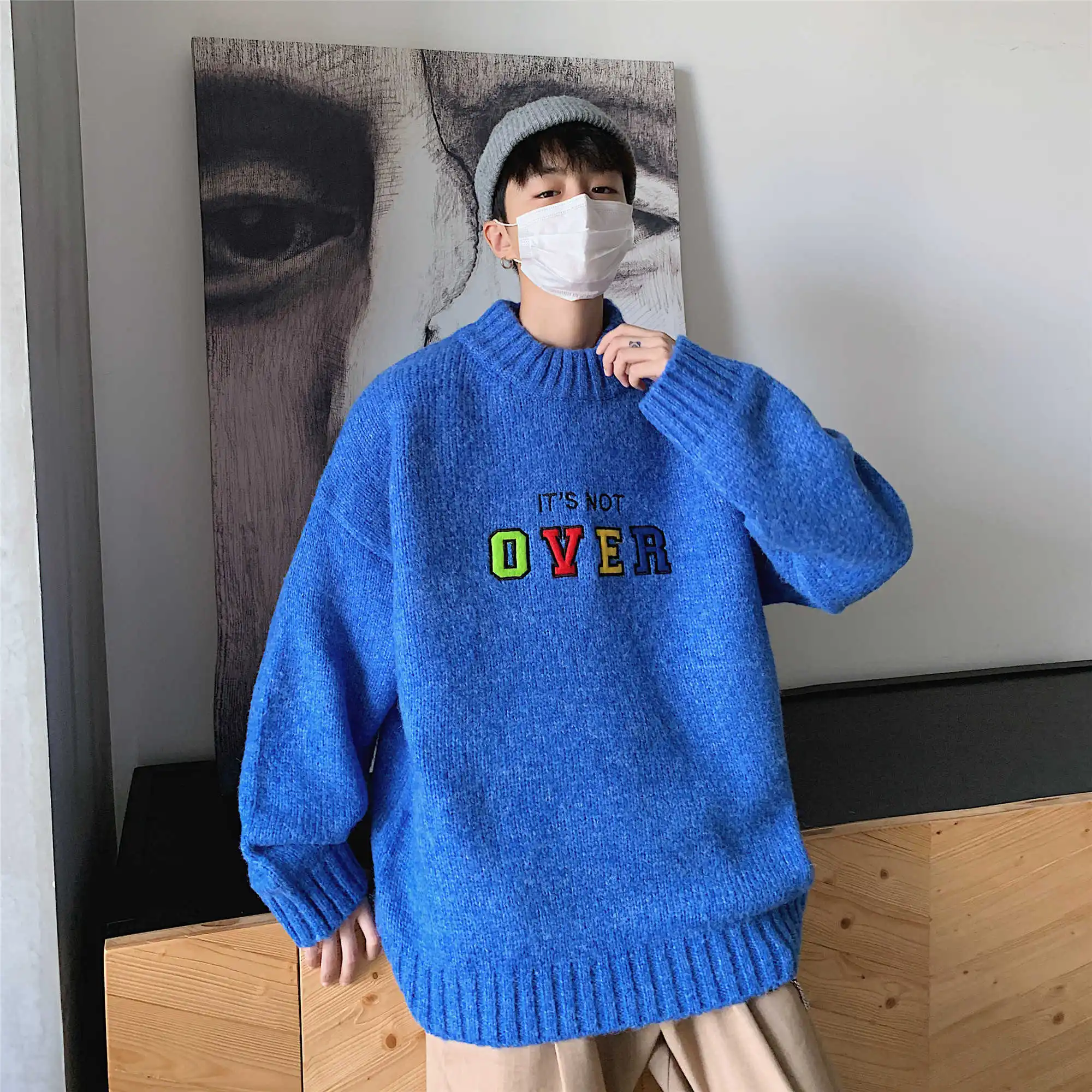 blue Winter Men's Oversize Style Pink Cashmere Sweaters Casual Blue Pullover Long Sleeve Coats Loose Grey Woolen Knitting M-2XL - Color: blue