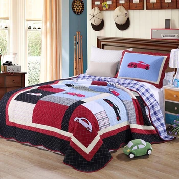 

1Pc Bed Cover+1Pc Pillowcase Boys Bedding Set Cartoon Cars Bedspread Cotton Quilting Quilt Red Black Blue Blanket Single Bed